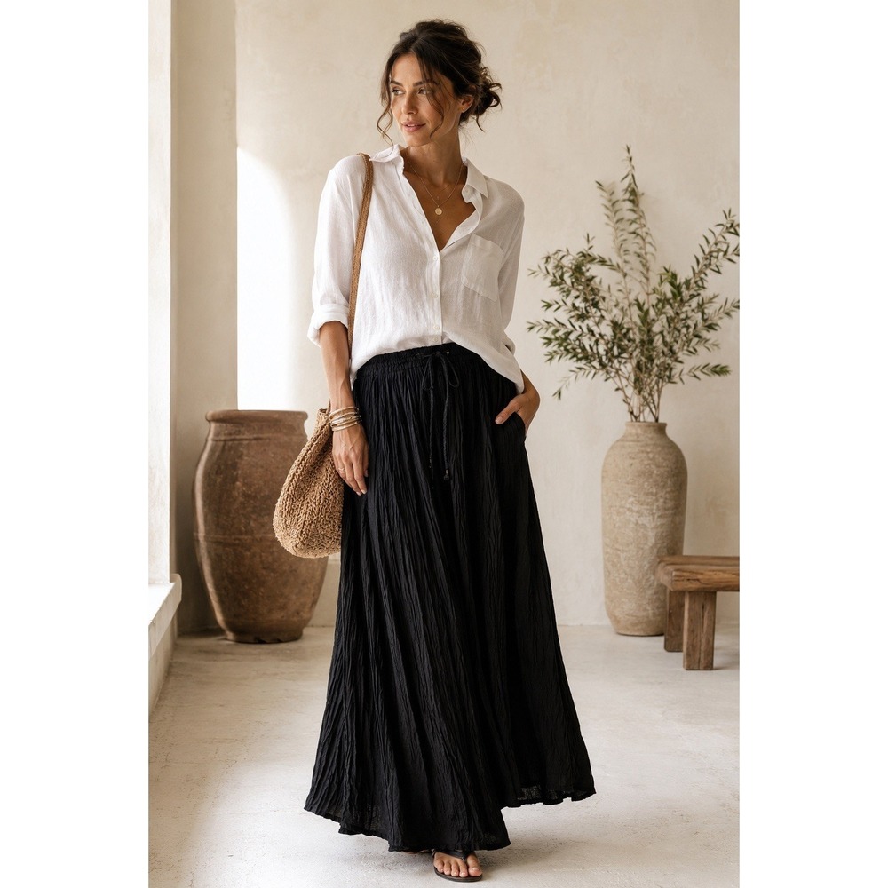 Nalanda Black Crinkle Gauze 100% Cotton Maxi Skirt Elastic Waist Boho Size 3